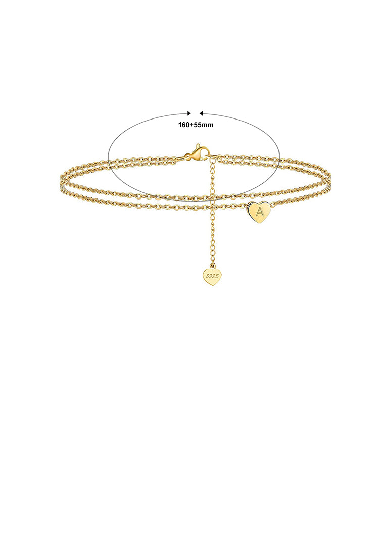 925 Sterling Silver Plated Gold Simple Fashion Alphabet A Heart Double Layer Bracelet
