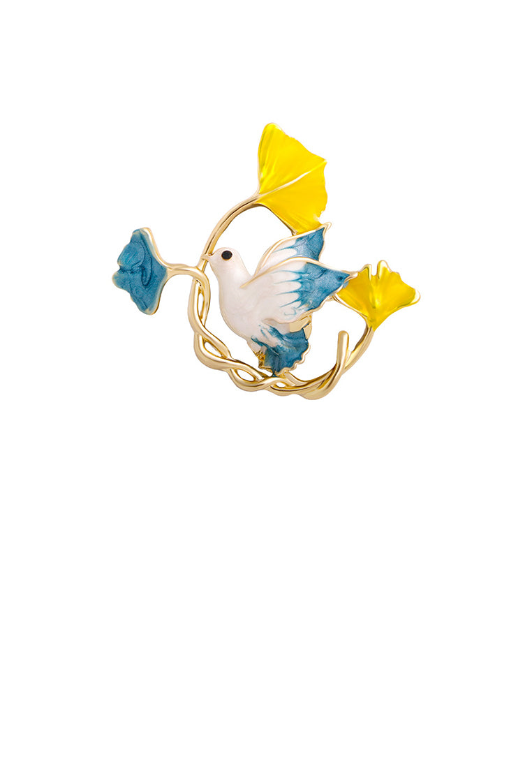 Fashion and Elegant Plated Gold Enamel Blue Peace Dove Leaf Brooch