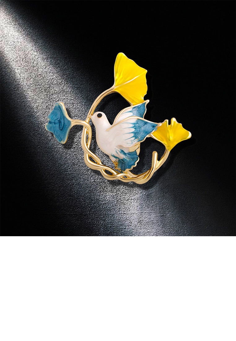 Fashion and Elegant Plated Gold Enamel Blue Peace Dove Leaf Brooch