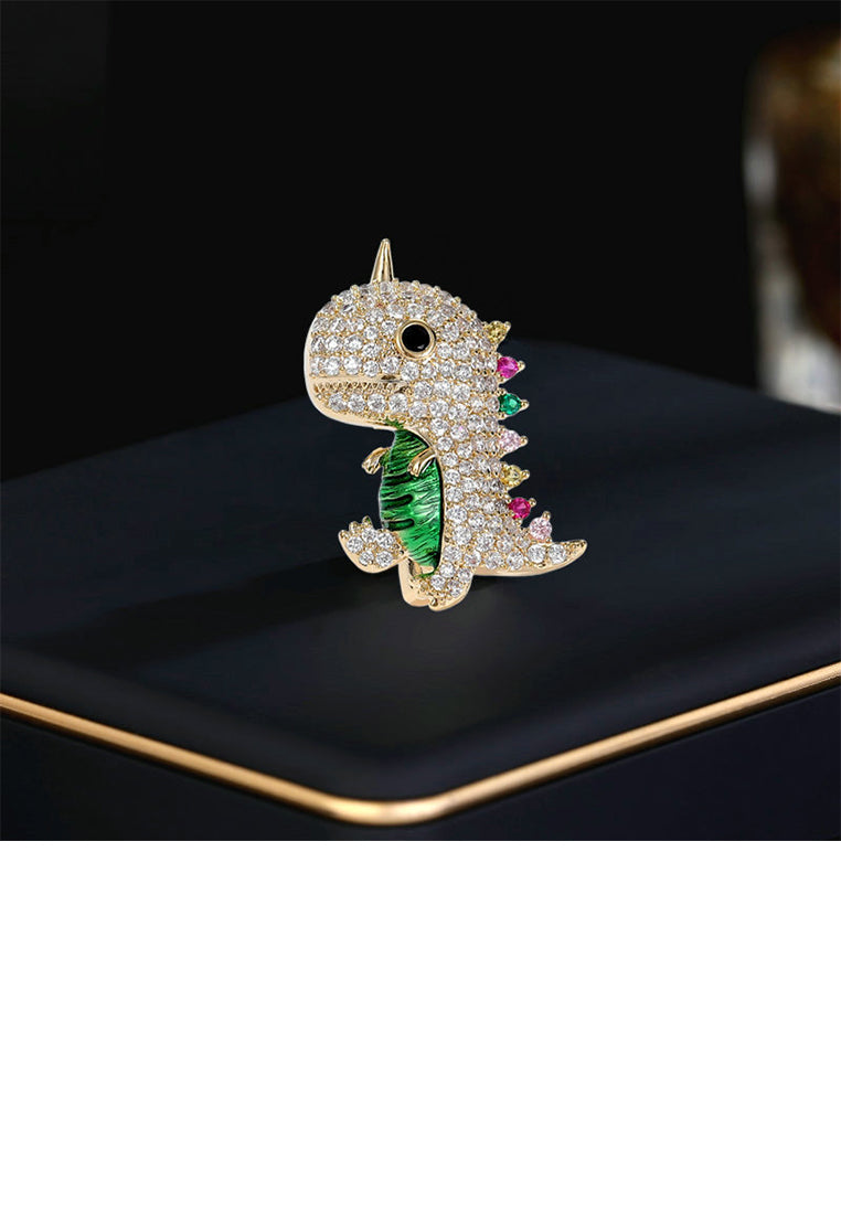 Simple and Cute Plated Gold Dinosaur Brooch with Cubic Zirconia - Luxurious Look
