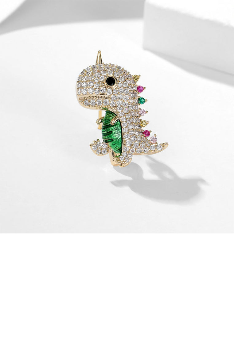 Simple and Cute Plated Gold Dinosaur Brooch with Cubic Zirconia - Luxurious Look
