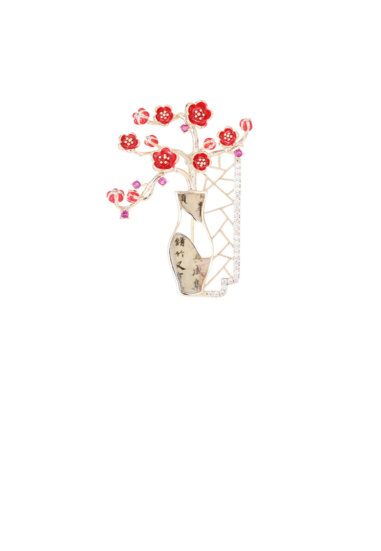 Fashion and Elegant Plated Gold Flower Vase Brooch with Cubic Zirconia - Luxurious Look