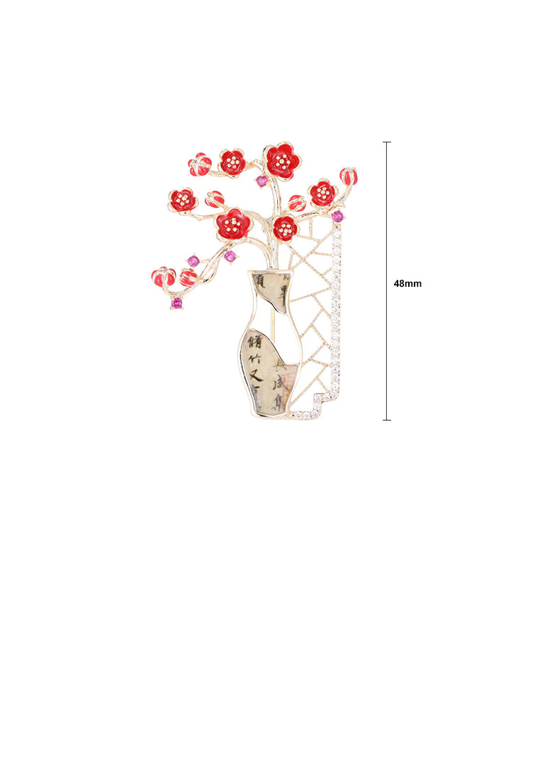 Fashion and Elegant Plated Gold Flower Vase Brooch with Cubic Zirconia - Luxurious Look