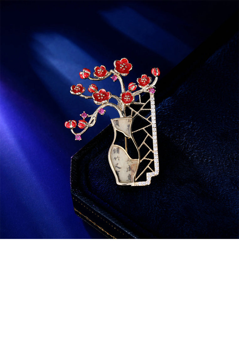 Fashion and Elegant Plated Gold Flower Vase Brooch with Cubic Zirconia - Luxurious Look
