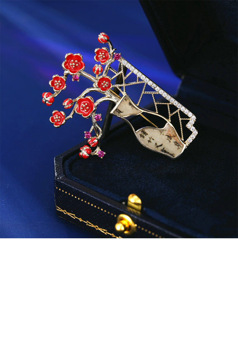Fashion and Elegant Plated Gold Flower Vase Brooch with Cubic Zirconia - Luxurious Look