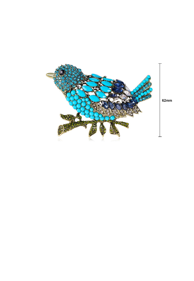 Fashion Brilliant Plated Gold Bird Brooch with Blue Cubic Zirconia - Luxurious Look