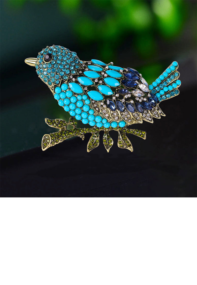 Fashion Brilliant Plated Gold Bird Brooch with Blue Cubic Zirconia - Luxurious Look