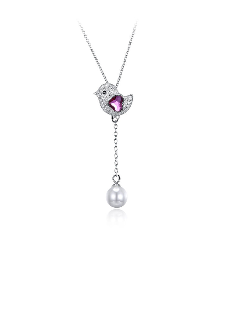 925 Sterling Silver Cute Bird Pink Austrian Element Crystal Pendant with Pearl and Necklace - Luxurious Look - Vibrant Color