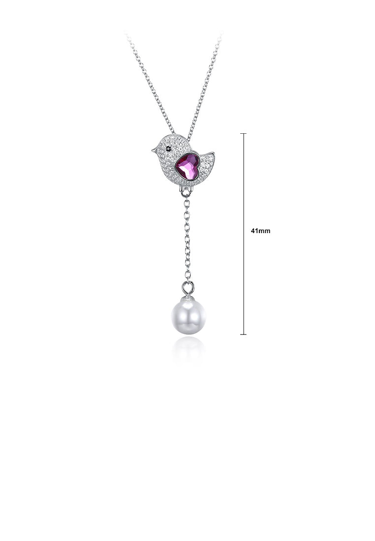 925 Sterling Silver Cute Bird Pink Austrian Element Crystal Pendant with Pearl and Necklace - Luxurious Look - Vibrant Color