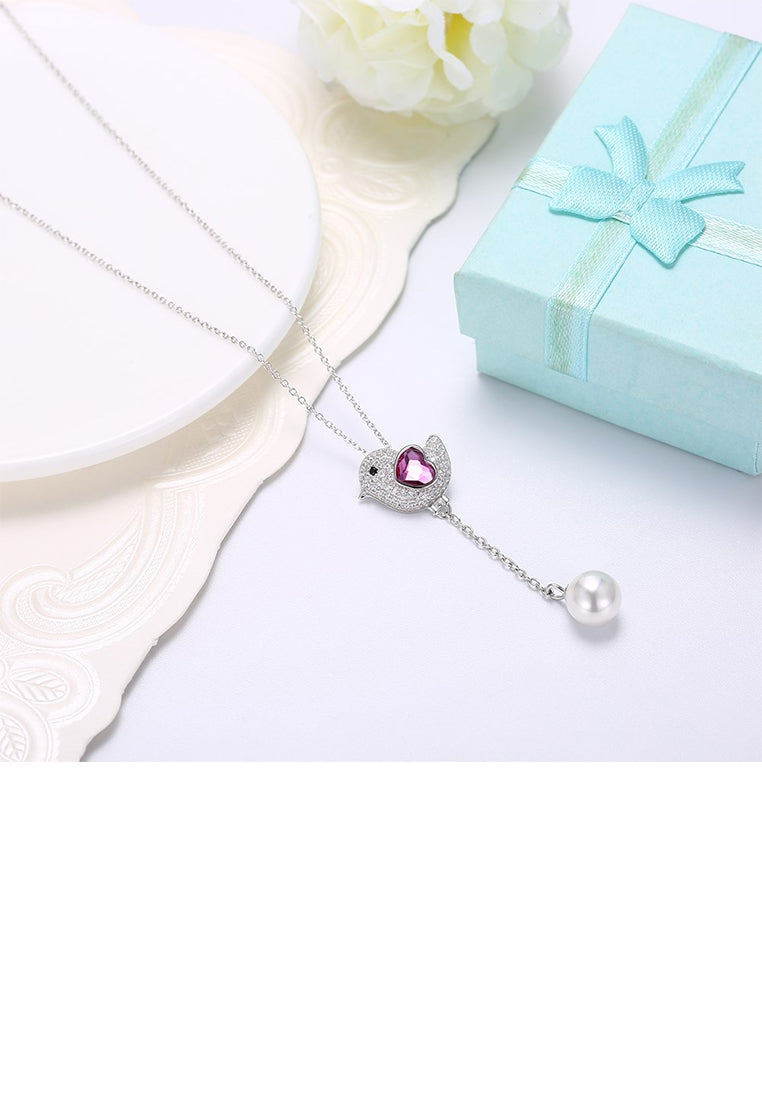 925 Sterling Silver Cute Bird Pink Austrian Element Crystal Pendant with Pearl and Necklace - Luxurious Look - Vibrant Color