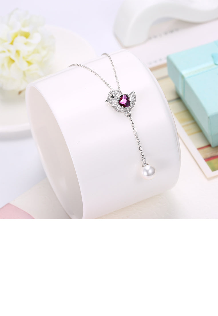 925 Sterling Silver Cute Bird Pink Austrian Element Crystal Pendant with Pearl and Necklace - Luxurious Look - Vibrant Color