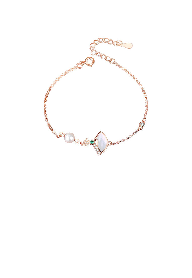 925 Sterling Silver Plated Rose Gold Fashion Chinese Style Imitation Pearl Bracelet with Cubic Zirconia - Luxurious Look