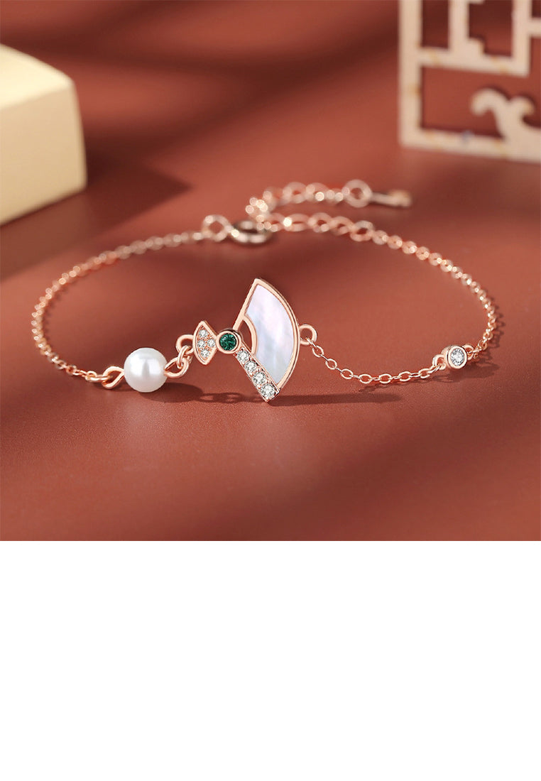 925 Sterling Silver Plated Rose Gold Fashion Chinese Style Imitation Pearl Bracelet with Cubic Zirconia - Luxurious Look