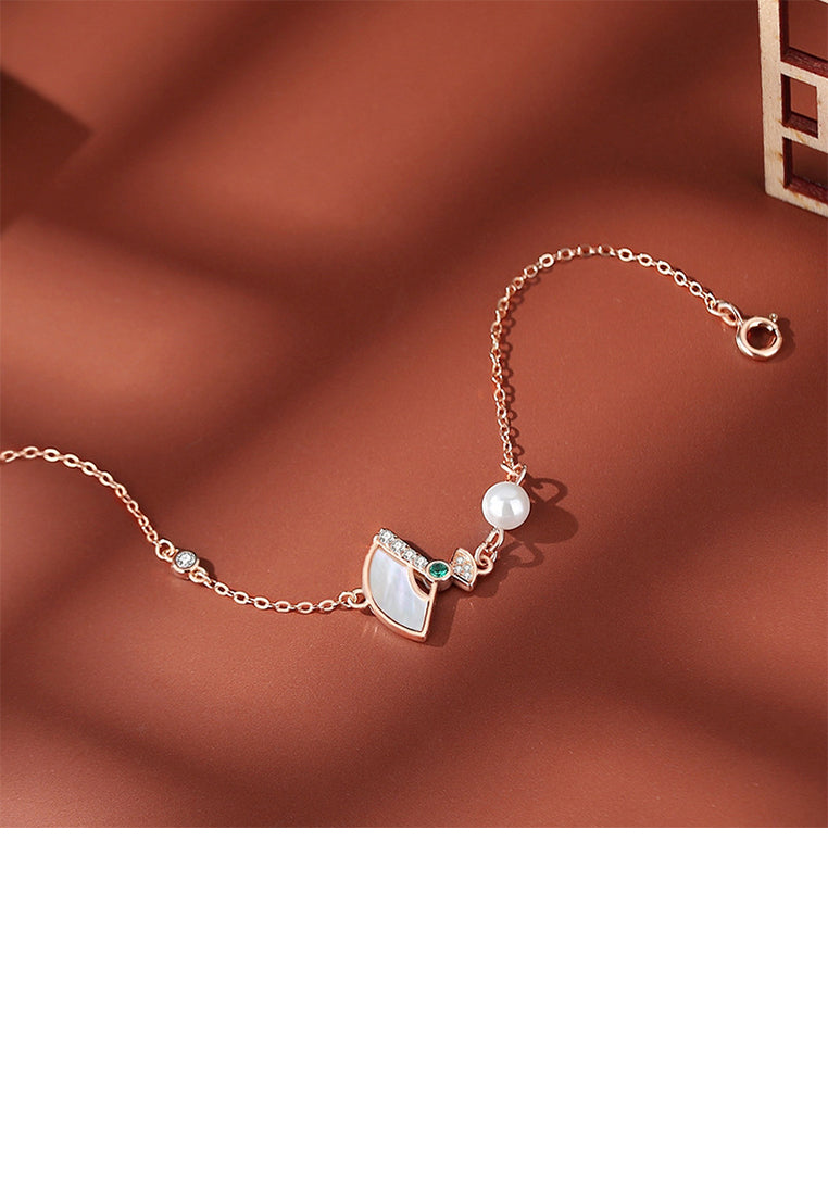 925 Sterling Silver Plated Rose Gold Fashion Chinese Style Imitation Pearl Bracelet with Cubic Zirconia - Luxurious Look