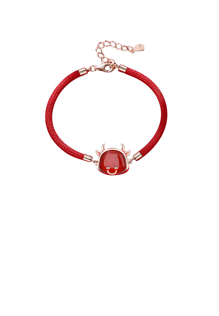 925 Sterling Silver Plated Rose Gold Simple Vintage Twelve Zodiac Ox Imitation Agate Bracelet
