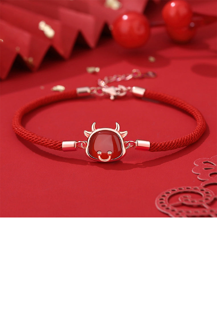 925 Sterling Silver Plated Rose Gold Simple Vintage Twelve Zodiac Ox Imitation Agate Bracelet