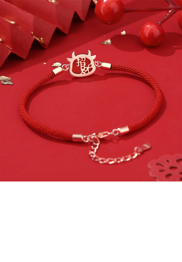 925 Sterling Silver Plated Rose Gold Simple Vintage Twelve Zodiac Ox Imitation Agate Bracelet