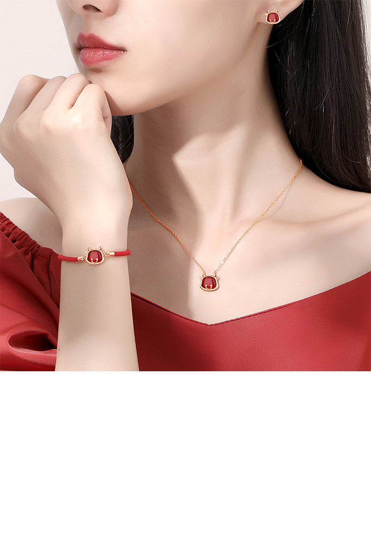 925 Sterling Silver Plated Rose Gold Simple Vintage Twelve Zodiac Ox Imitation Agate Bracelet