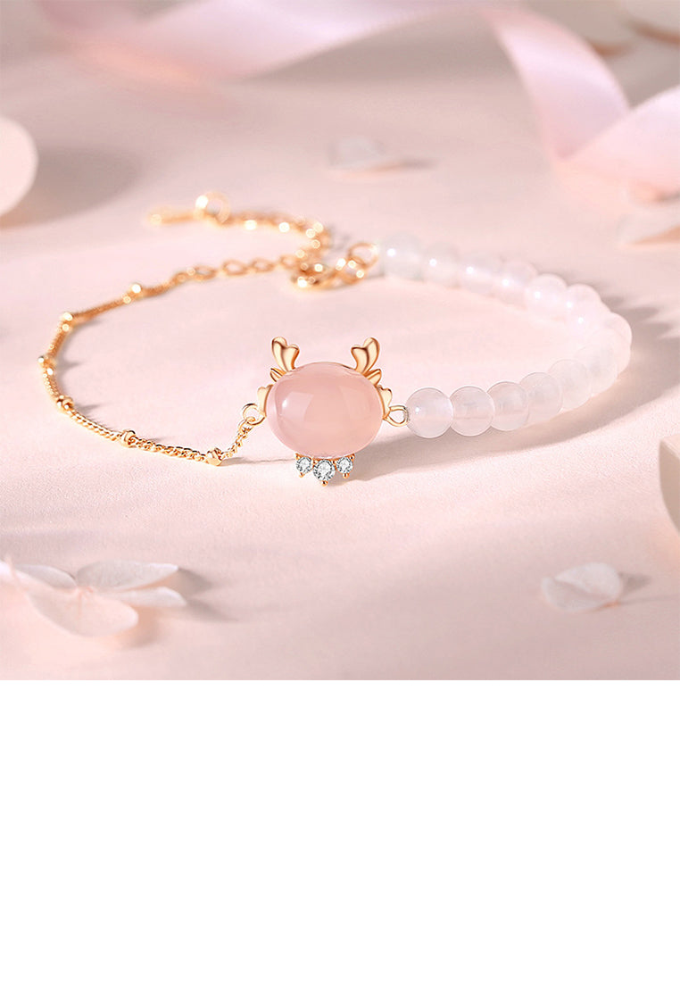 925 Sterling Silver Plated Rose Gold Fashion Temperament Dragon Pink Crystal Beaded Stitching Bracelet with Cubic Zirconia - Luxurious Look - Vibrant Color