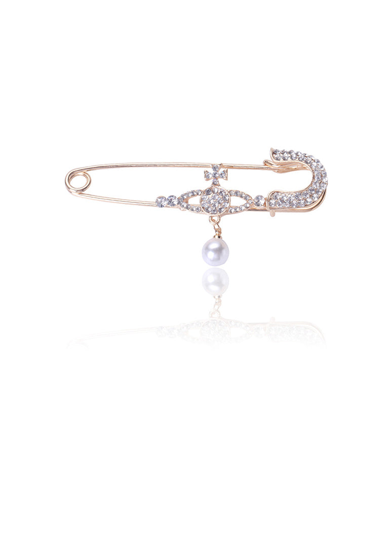 Fashion and Simple Plated Gold Planet Imitation Pearl Paperclip Brooch with Cubic Zirconia - Luxurious Look