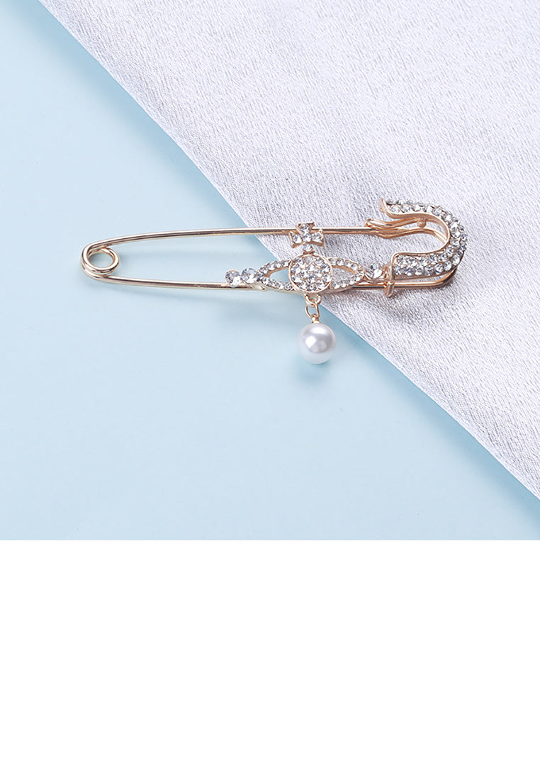 Fashion and Simple Plated Gold Planet Imitation Pearl Paperclip Brooch with Cubic Zirconia - Luxurious Look
