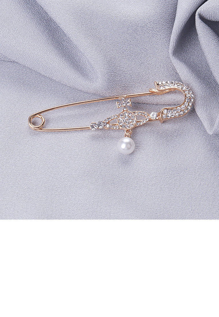 Fashion and Simple Plated Gold Planet Imitation Pearl Paperclip Brooch with Cubic Zirconia - Luxurious Look