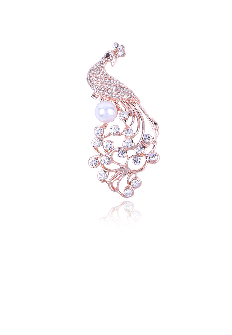Fashion and Elegant Plated Gold Peacock Imitation Pearl Brooch with Cubic Zirconia - Luxurious Look