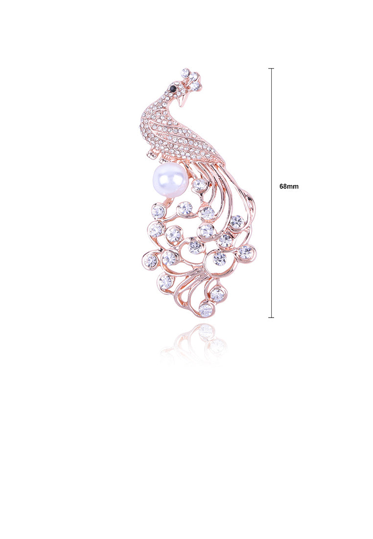 Fashion and Elegant Plated Gold Peacock Imitation Pearl Brooch with Cubic Zirconia - Luxurious Look