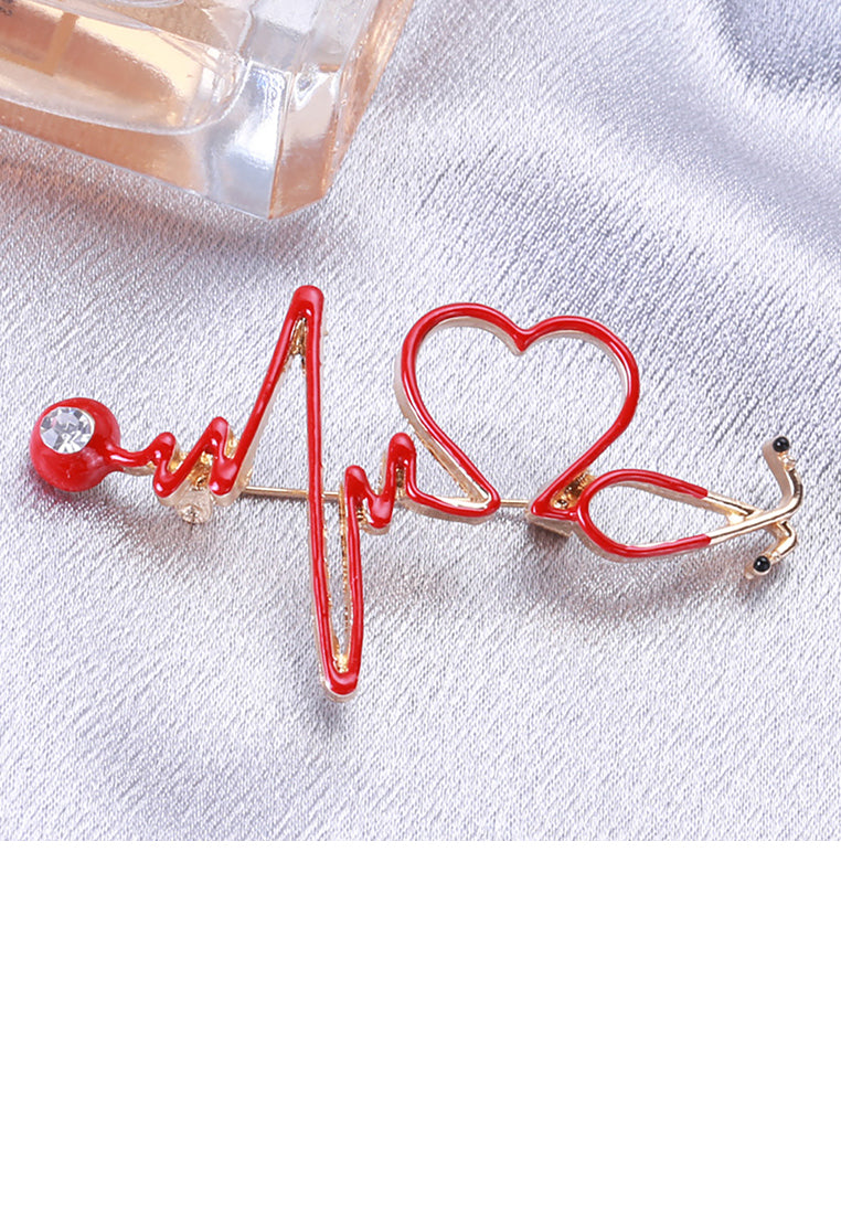 Fashion Temperament Plated Gold Enamel Red ECG Heart-shaped Brooch with Cubic Zirconia - Luxurious Look - Vibrant Color