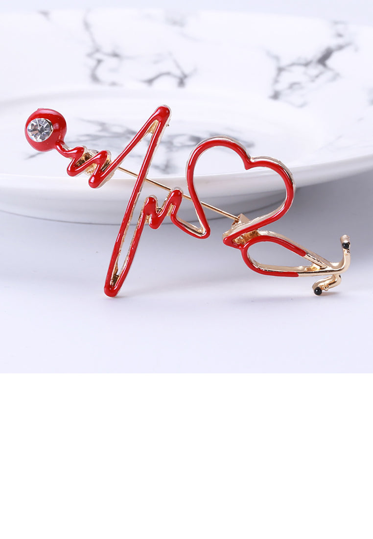 Fashion Temperament Plated Gold Enamel Red ECG Heart-shaped Brooch with Cubic Zirconia - Luxurious Look - Vibrant Color