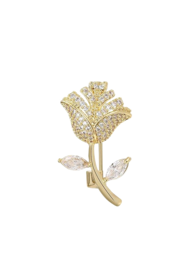 Fashion Temperament Plated Gold Rose Brooch with Cubic Zirconia - Luxurious Look