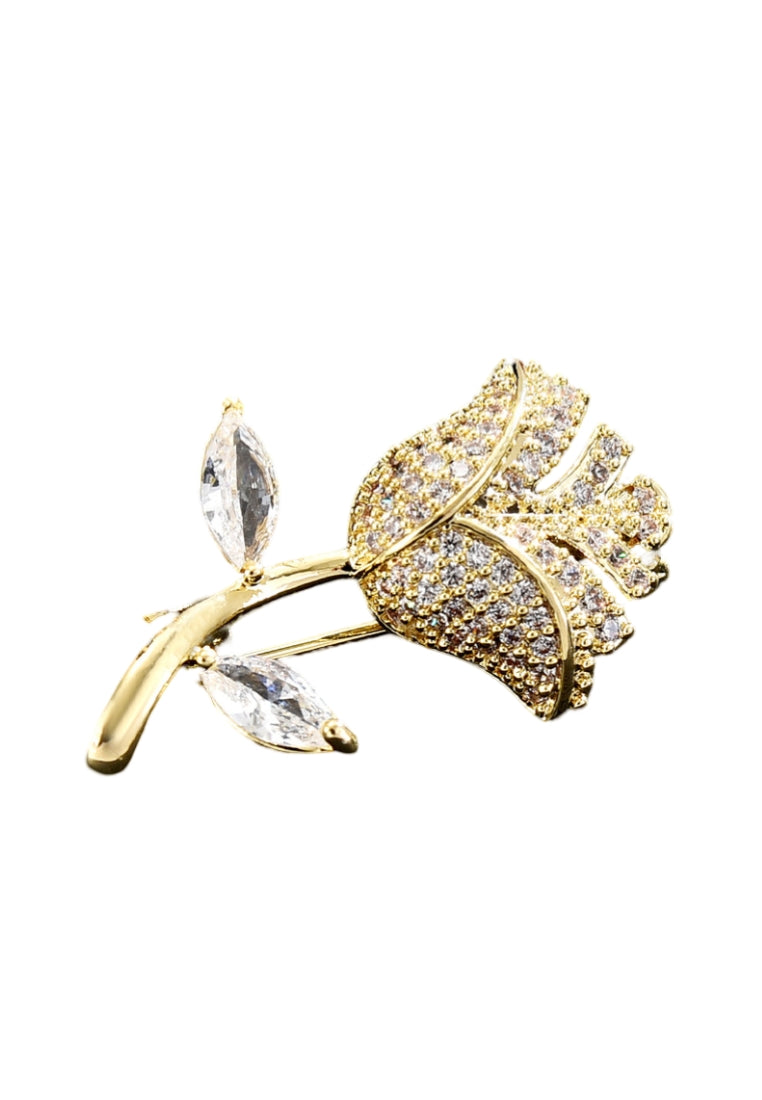 Fashion Temperament Plated Gold Rose Brooch with Cubic Zirconia - Luxurious Look