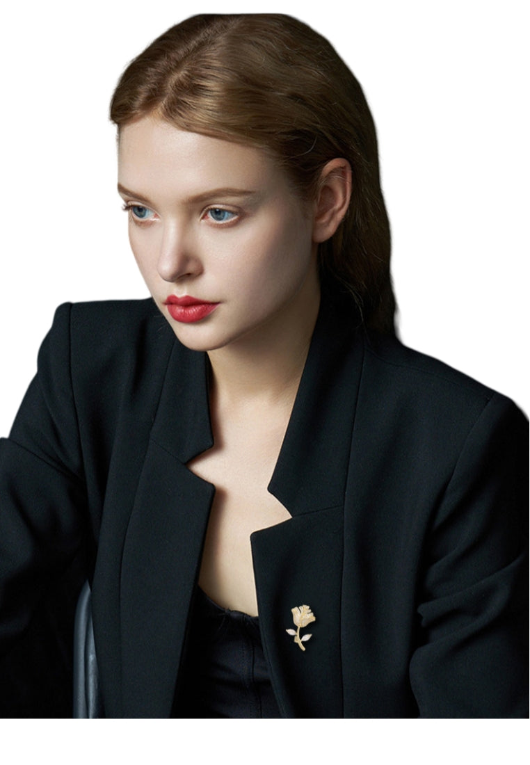Fashion Temperament Plated Gold Rose Brooch with Cubic Zirconia - Luxurious Look