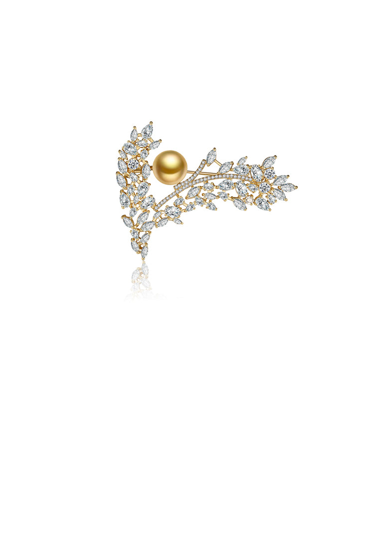 Elegant Temperament Plated Gold Floral Champagne Imitation Pearl Brooch with Cubic Zirconia - Luxurious Look