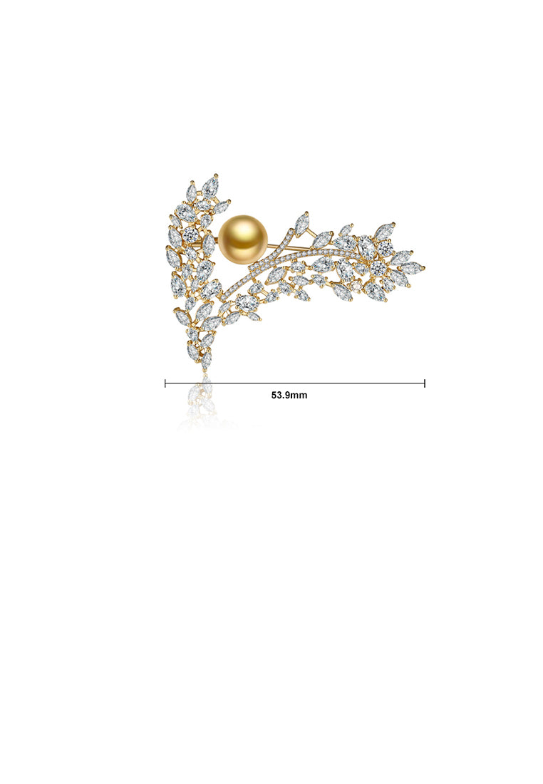 Elegant Temperament Plated Gold Floral Champagne Imitation Pearl Brooch with Cubic Zirconia - Luxurious Look