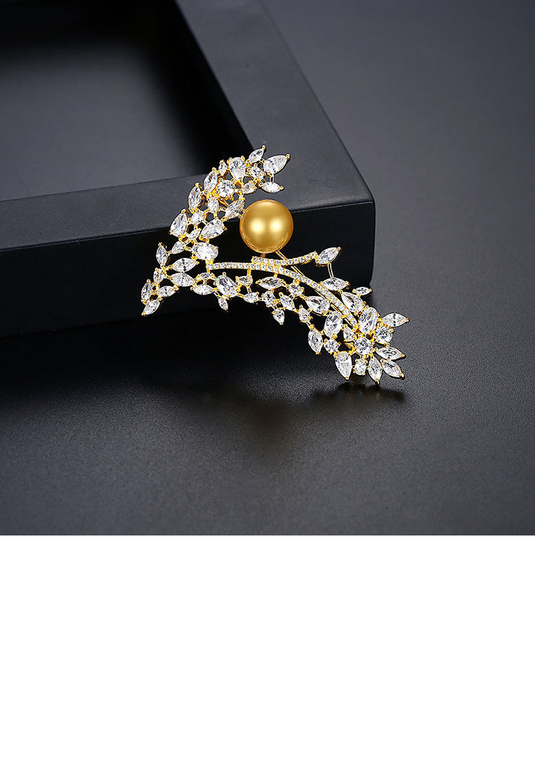 Elegant Temperament Plated Gold Floral Champagne Imitation Pearl Brooch with Cubic Zirconia - Luxurious Look