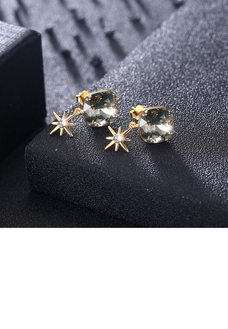 925 Sterling Silver Fashion Elegant Star and Geometric Sqaure Earrings with Champagne Austrian Element Crystal
