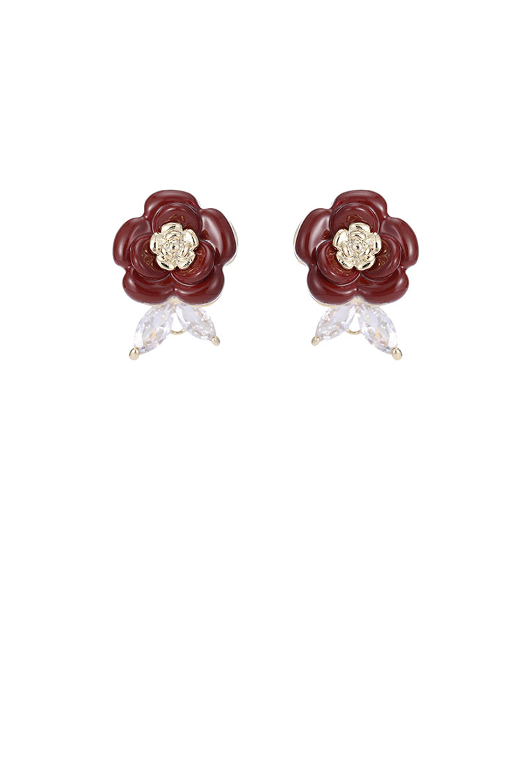 Fashion and Elegant Plated Gold Enamel Red Flower Stud Earrings with Cubic Zirconia - Luxurious Look - Vibrant Color