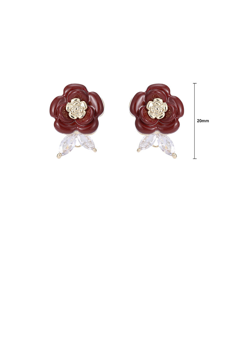 Fashion and Elegant Plated Gold Enamel Red Flower Stud Earrings with Cubic Zirconia - Luxurious Look - Vibrant Color