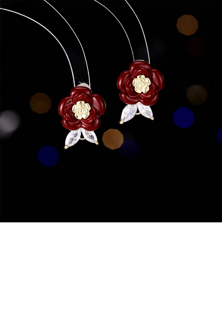 Fashion and Elegant Plated Gold Enamel Red Flower Stud Earrings with Cubic Zirconia - Luxurious Look - Vibrant Color