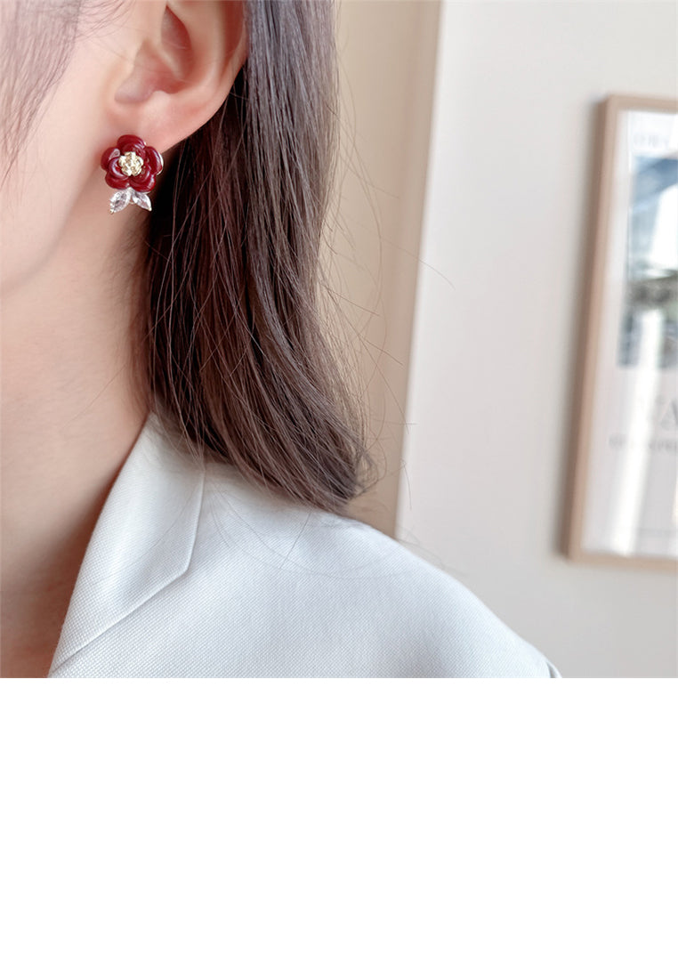 Fashion and Elegant Plated Gold Enamel Red Flower Stud Earrings with Cubic Zirconia - Luxurious Look - Vibrant Color