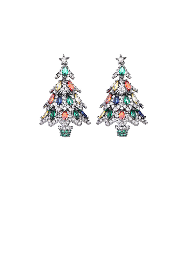 Cute Brilliant Plated Black Christmas Tree Stud Earrings with Colored Cubic Zirconia - Luxurious Look