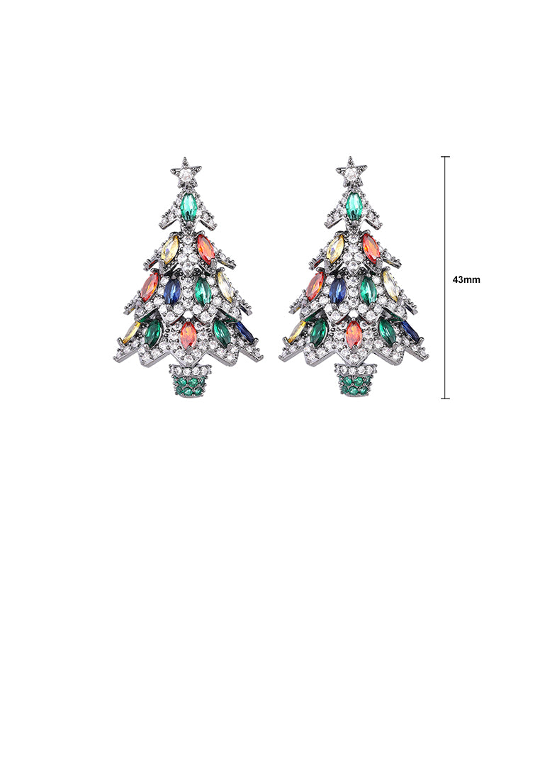 Cute Brilliant Plated Black Christmas Tree Stud Earrings with Colored Cubic Zirconia - Luxurious Look