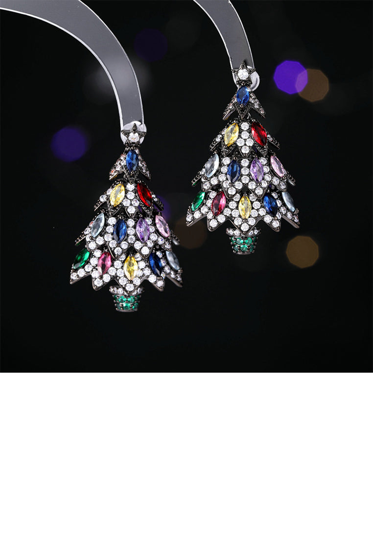 Cute Brilliant Plated Black Christmas Tree Stud Earrings with Colored Cubic Zirconia - Luxurious Look