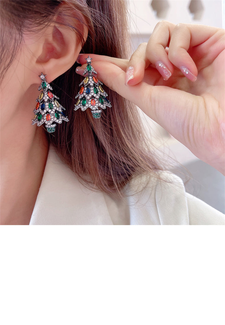 Cute Brilliant Plated Black Christmas Tree Stud Earrings with Colored Cubic Zirconia - Luxurious Look