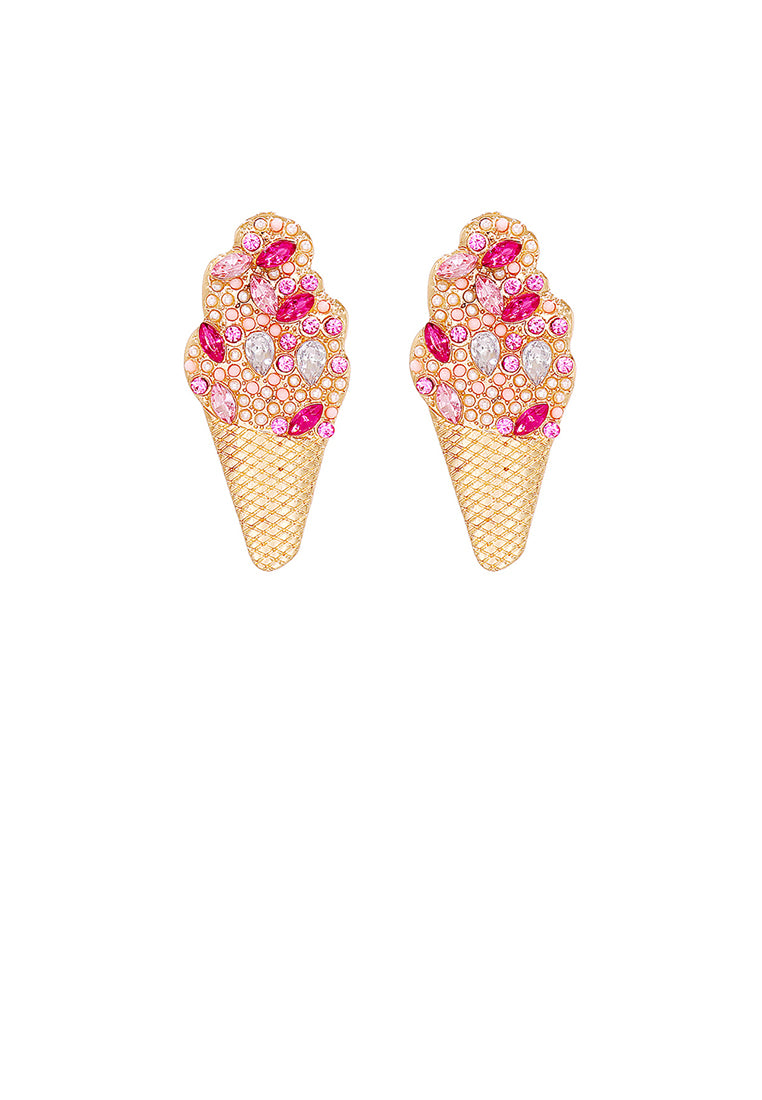 Simple and Cute Plated Gold Ice Cream Stud Earrings with Pink Cubic Zirconia - Luxurious Look - Vibrant Color