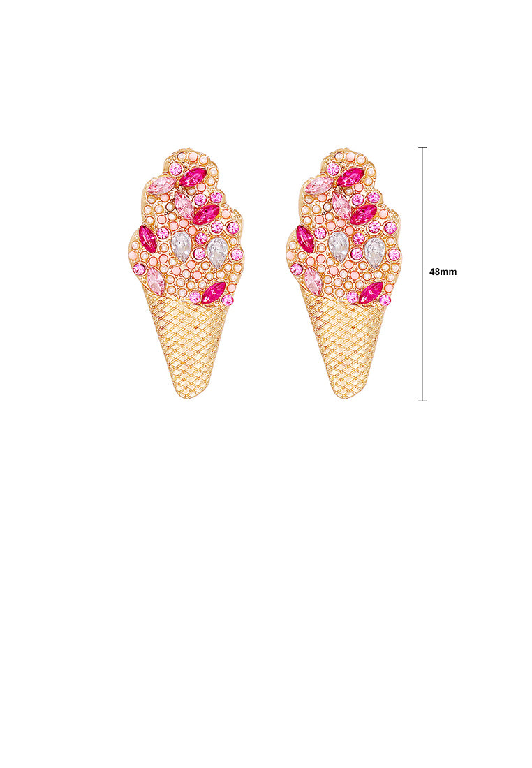 Simple and Cute Plated Gold Ice Cream Stud Earrings with Pink Cubic Zirconia - Luxurious Look - Vibrant Color