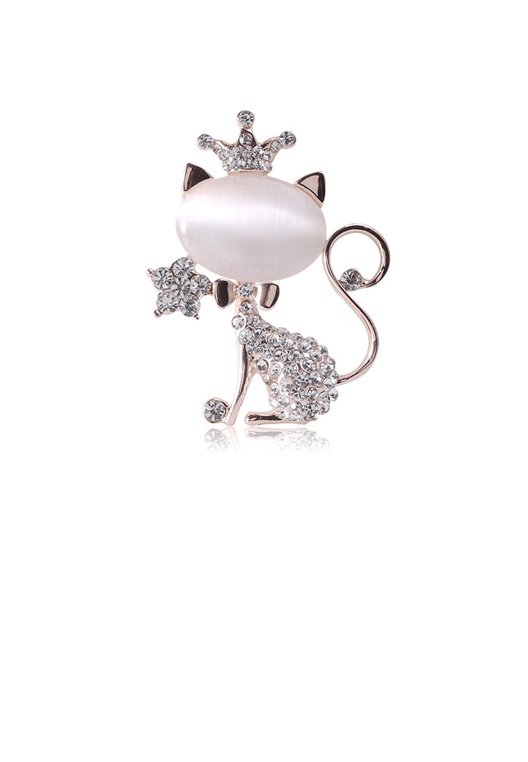 Fashion and Lovely Plated Gold Cat Imitation Opal Brooch with Cubic Zirconia - Luxurious Look