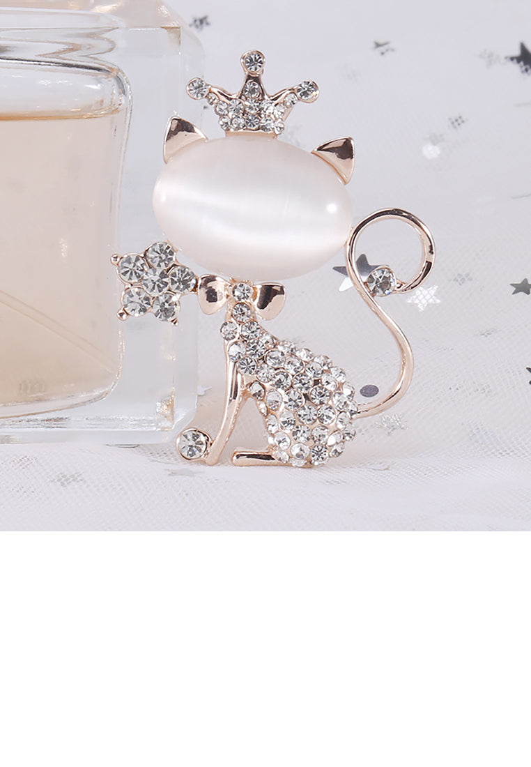 Fashion and Lovely Plated Gold Cat Imitation Opal Brooch with Cubic Zirconia - Luxurious Look