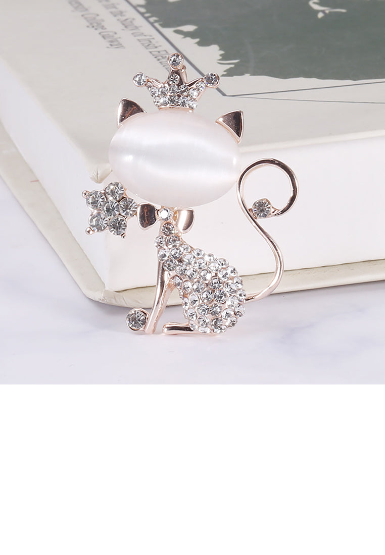 Fashion and Lovely Plated Gold Cat Imitation Opal Brooch with Cubic Zirconia - Luxurious Look